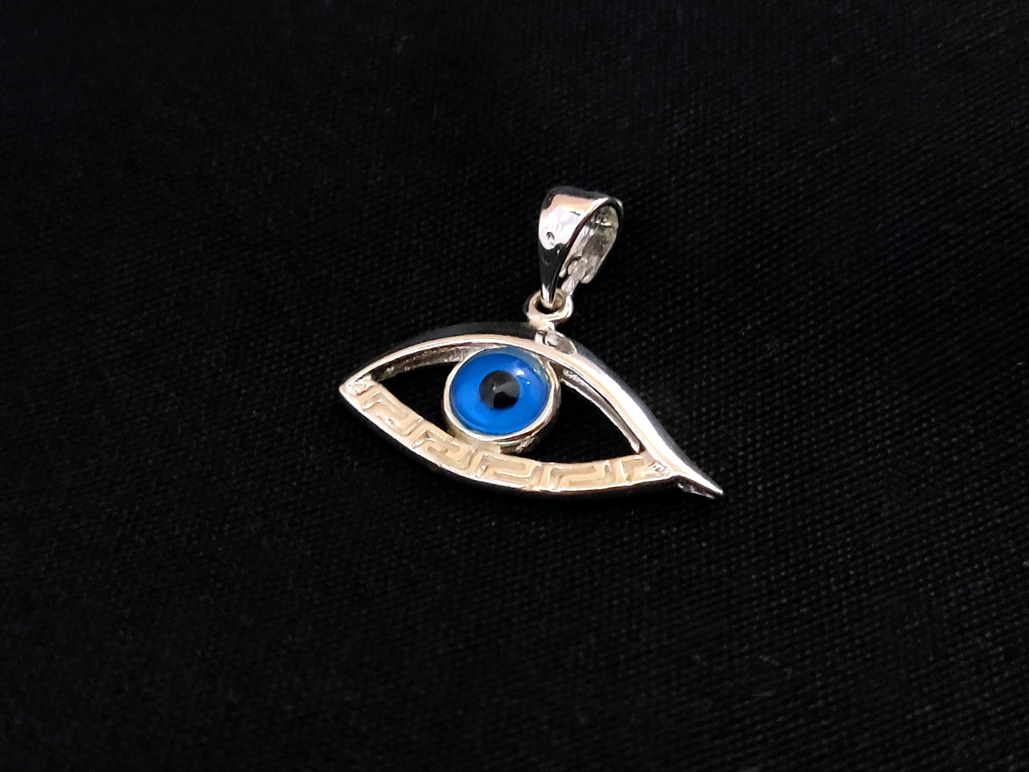 Sterling Silver 925 Evil Eye Greek Key Mati Horus Meander Pendant 25x12mm, Mati Blue Evil Eye Pendant Pendant, Pendetif Grecque Mati