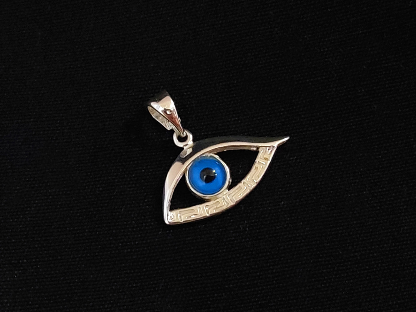 Sterling Silver 925 Evil Eye Greek Key Mati Horus Meander Pendant 25x12mm, Mati Blue Evil Eye Pendant Pendant, Pendetif Grecque Mati
