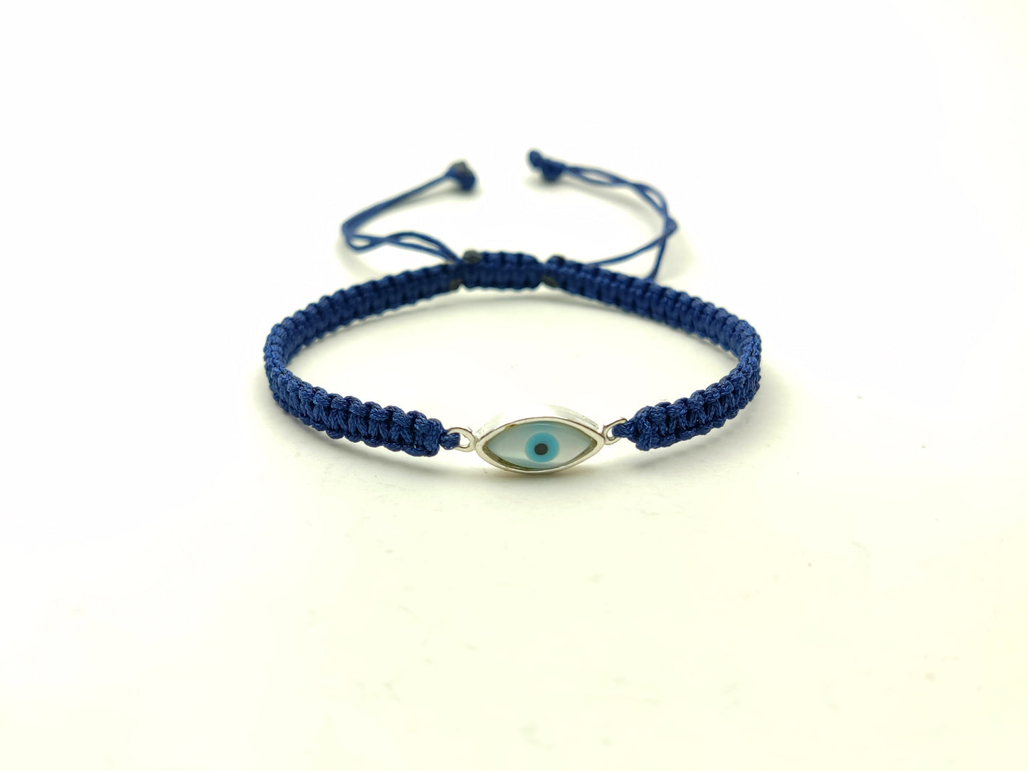 Sterling Silver 925 Greek Evil Eye Mati Good Luck Adjustable Macrame Blue Bracelet 12x6mm , Griechische Silber Armband, Bijoux Grecque