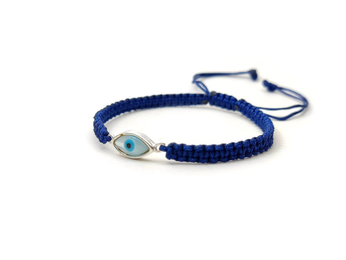 Sterling Silver 925 Greek Evil Eye Mati Good Luck Adjustable Macrame Blue Bracelet 12x6mm , Griechische Silber Armband, Bijoux Grecque