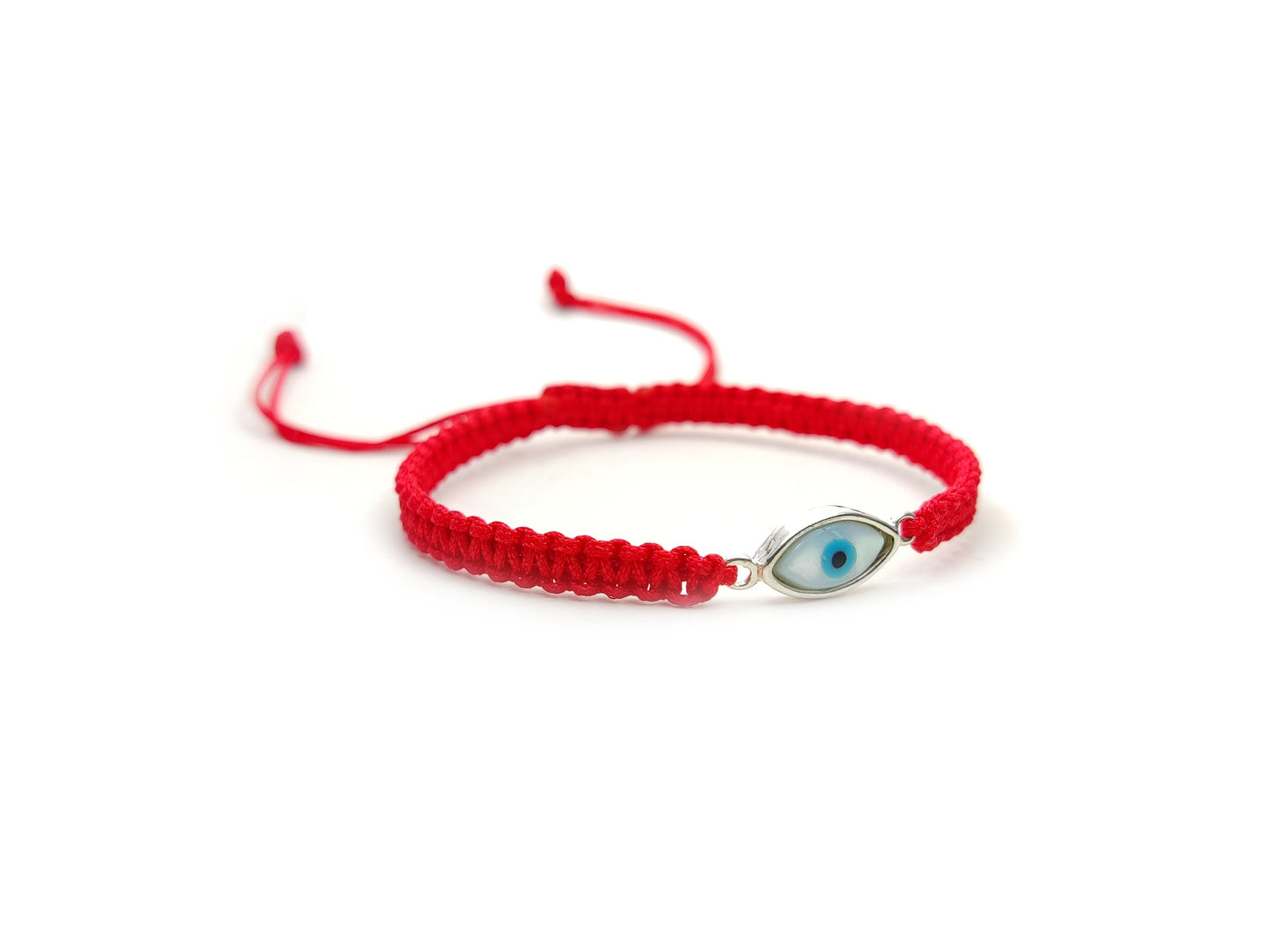 Sterling Silver 925 Greek Evil Eye Mati Good Luck Adjustable Macrame Red Bracelet 12x6mm , Griechische Silber Armband, Bijoux Grecque
