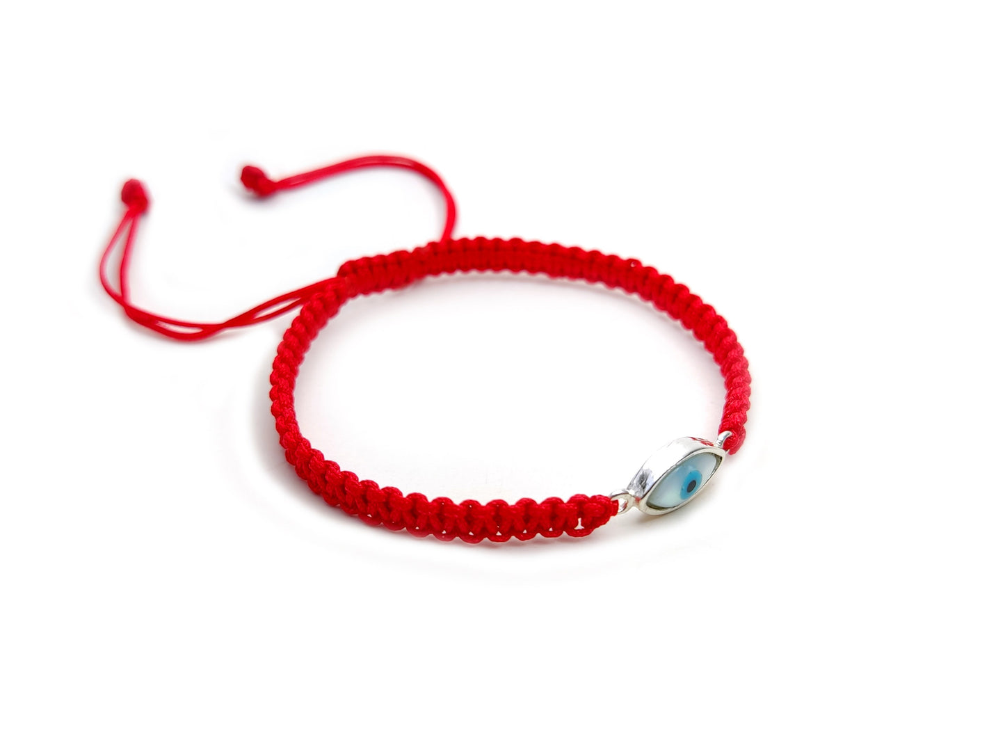 Sterling Silver 925 Greek Evil Eye Mati Good Luck Adjustable Macrame Red Bracelet 12x6mm , Griechische Silber Armband, Bijoux Grecque