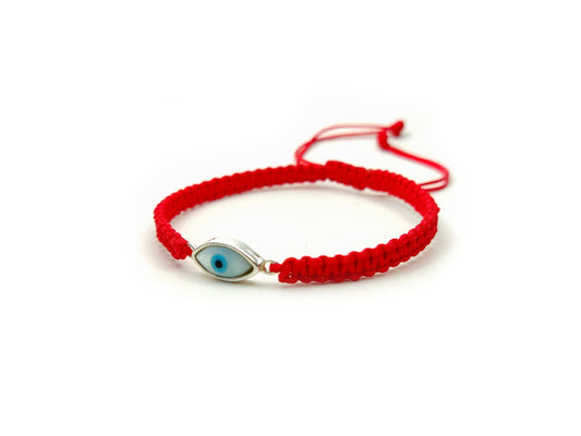 Sterling Silver 925 Greek Evil Eye Mati Good Luck Adjustable Macrame Red Bracelet 12x6mm , Griechische Silber Armband, Bijoux Grecque