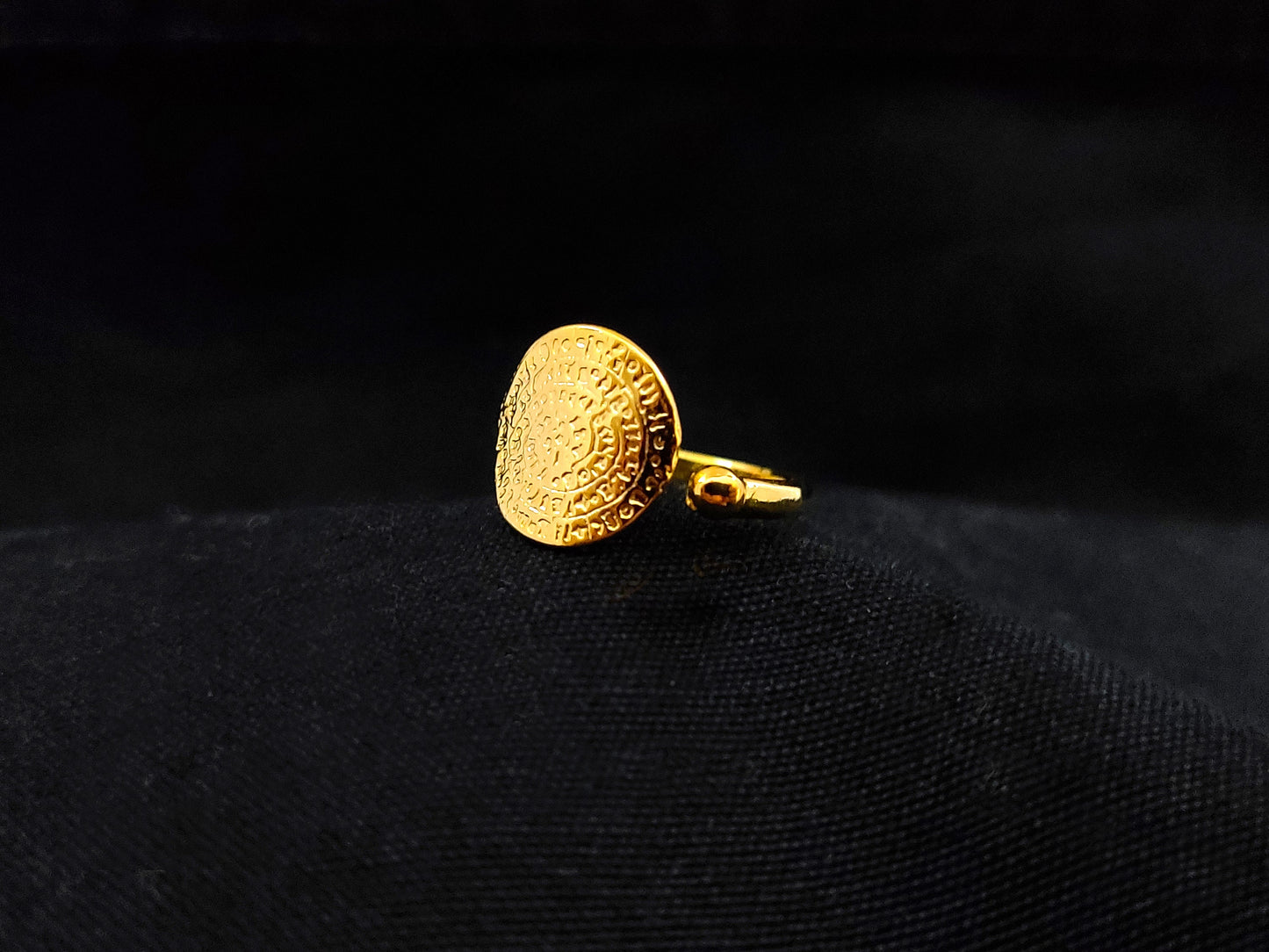 Alt text: Sterling Silver 925 Phaistos Disc 13mm Greek Minoan Gold Plated Adjustable Ring with white and yellow tones, featuring an ancient Greek Phaistos Disc design. Made in Greece, this adjustable ring is gold plated with a diameter of 13mm (0.50 inches) and hallmarked 925. Free shipping worldwide with registered post mail and tracking number.