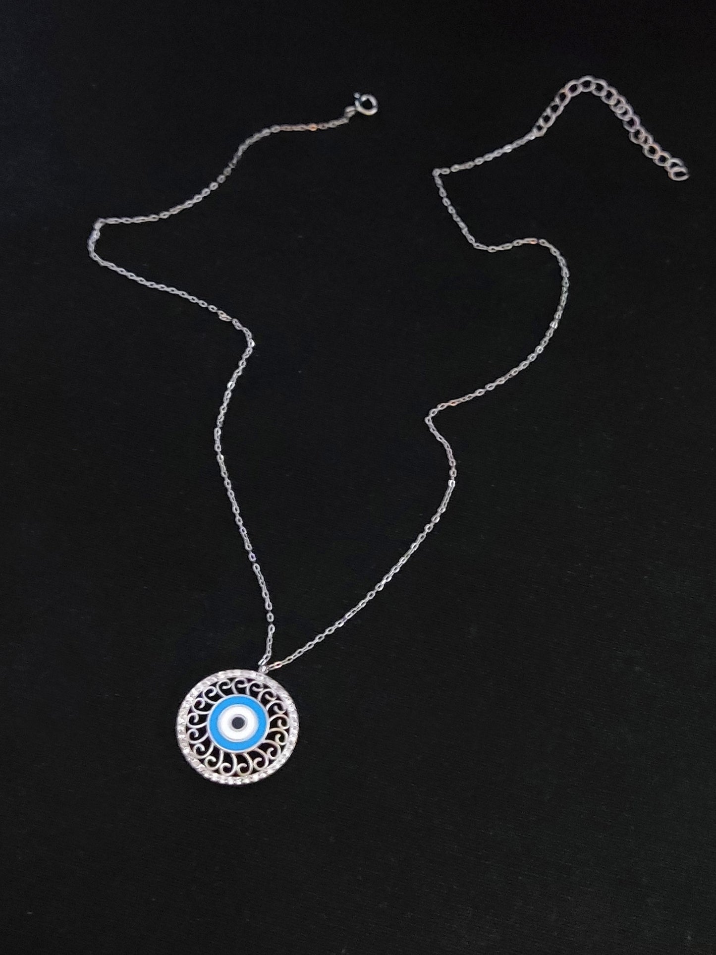 Sterling Silver 925 Greek Evil Eye Mati & Meander Chain Pendant 21mm Necklace, Turquoise Micropave Enamel Evil Eye Jewelry, Good Luck Mati