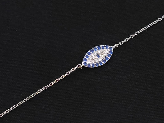 Sterling Silver 925 Greek Evil Eye Mati 11x6mm Adjustable Bracelet , Crystal Blue Evil Eye, Modern Evil Eye Bracelet, Fine evil eye bracelet