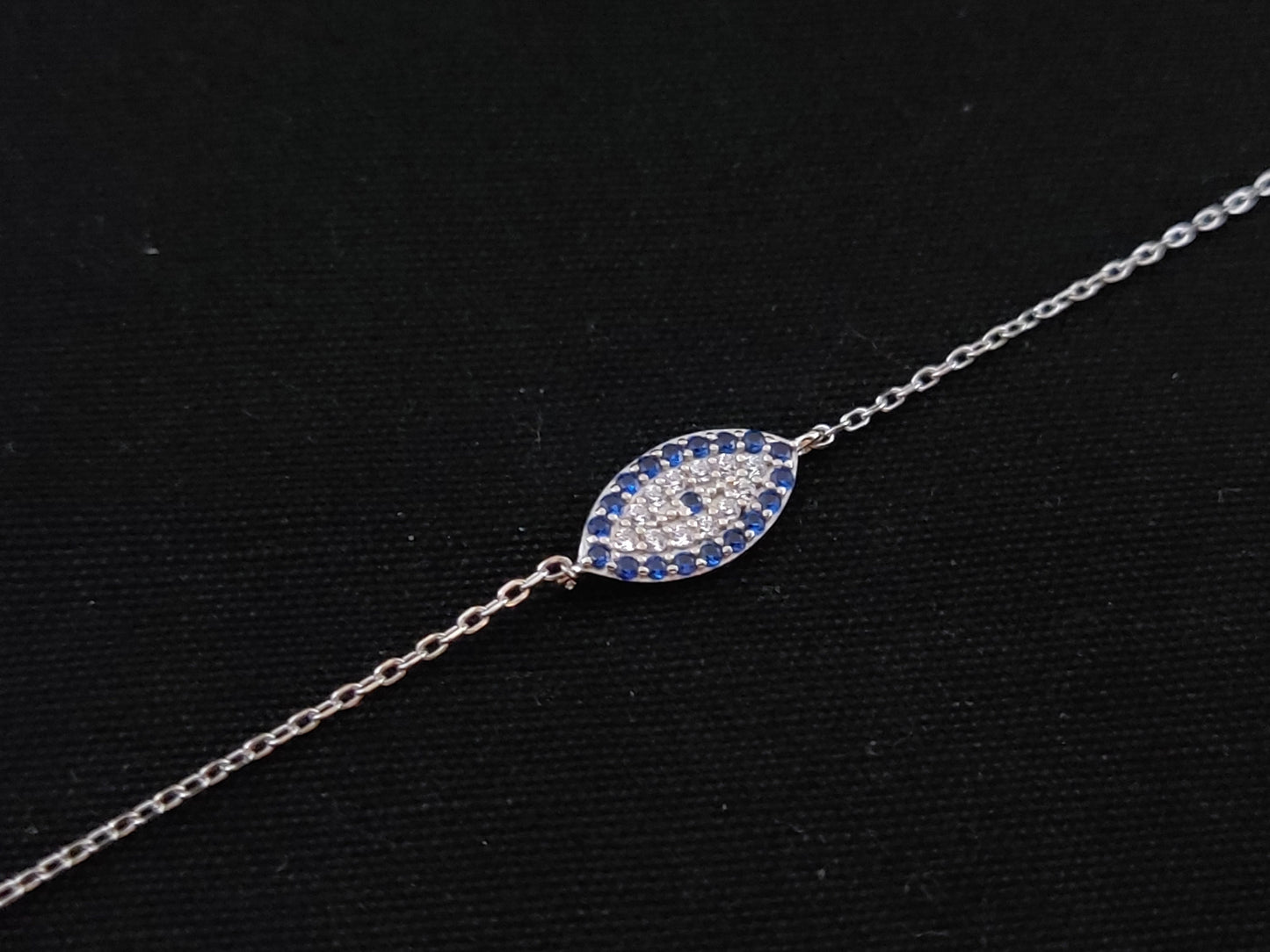 Sterling Silver 925 Greek Evil Eye Mati 11x6mm Adjustable Bracelet , Crystal Blue Evil Eye, Modern Evil Eye Bracelet, Fine evil eye bracelet