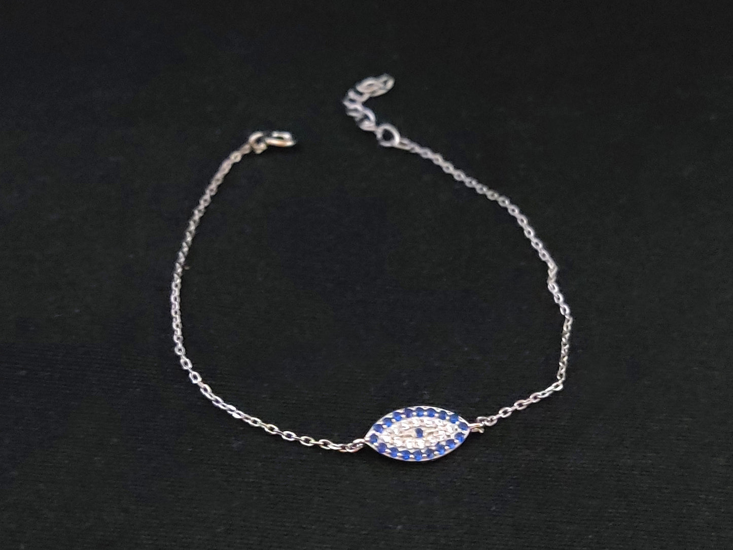 Sterling Silver 925 Greek Evil Eye Mati 11x6mm Adjustable Bracelet , Crystal Blue Evil Eye, Modern Evil Eye Bracelet, Fine evil eye bracelet
