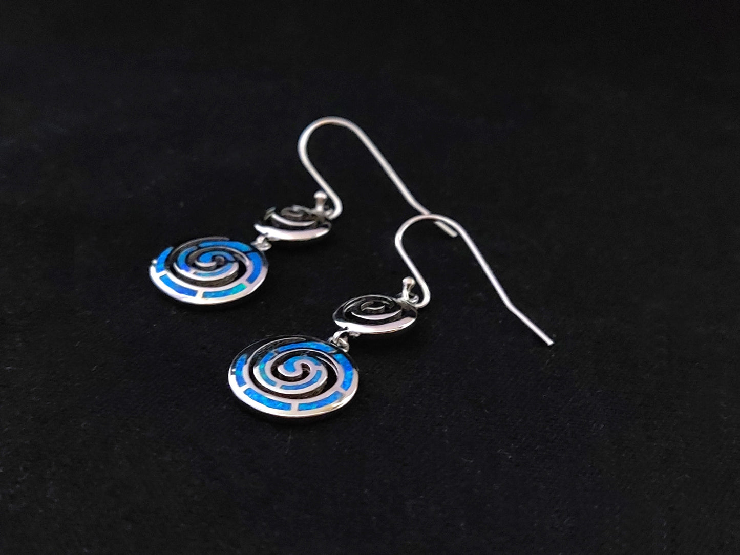 Sterling Silver 925 Greek Circle Of Life Double Spiral Blue Opal Dangle Gradual Earrings, Griechischer Blau Opal Ohrringe, Bijoux Grecque