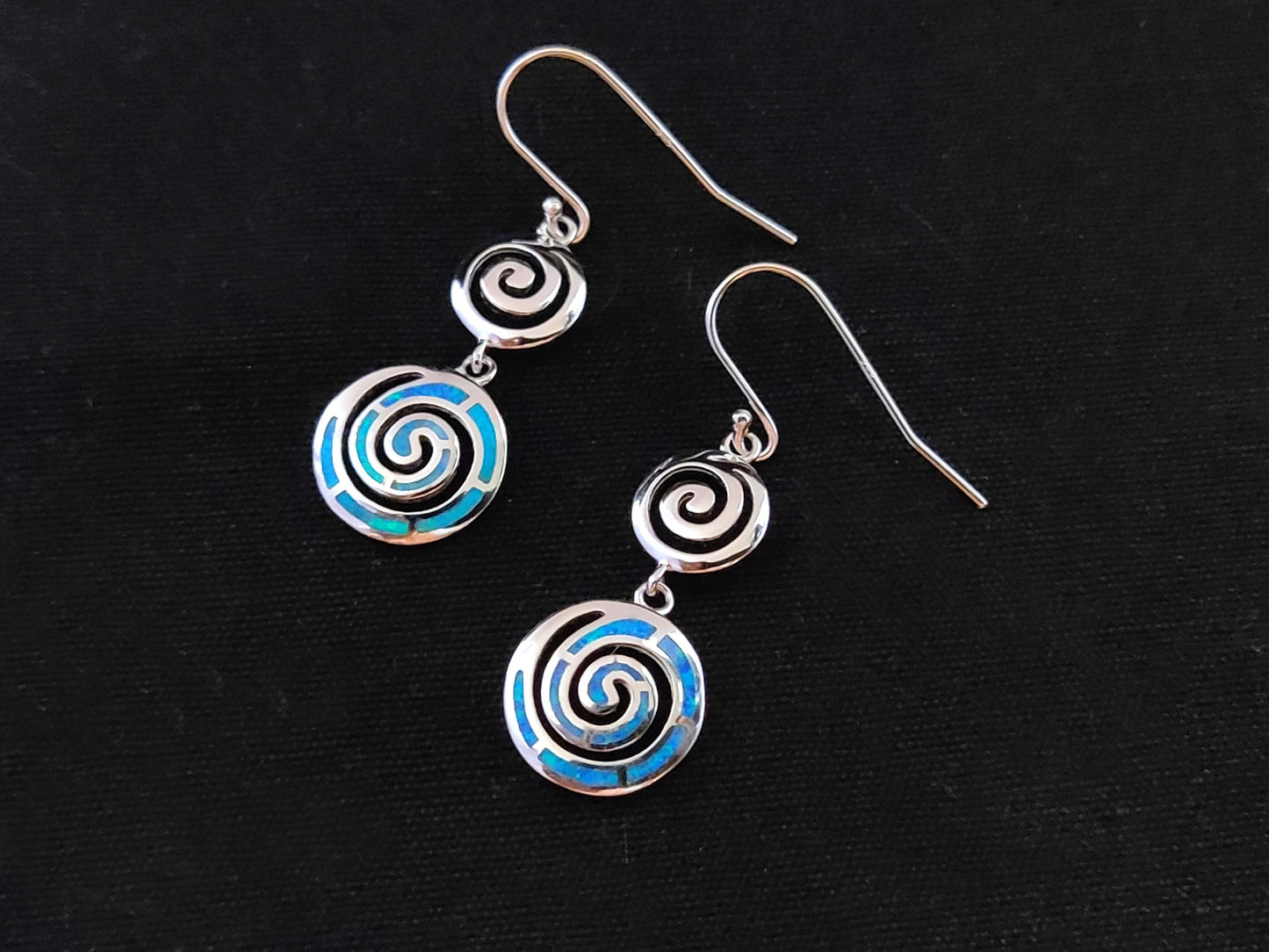 Sterling Silver 925 Greek Circle Of Life Double Spiral Blue Opal Dangle Gradual Earrings, Griechischer Blau Opal Ohrringe, Bijoux Grecque