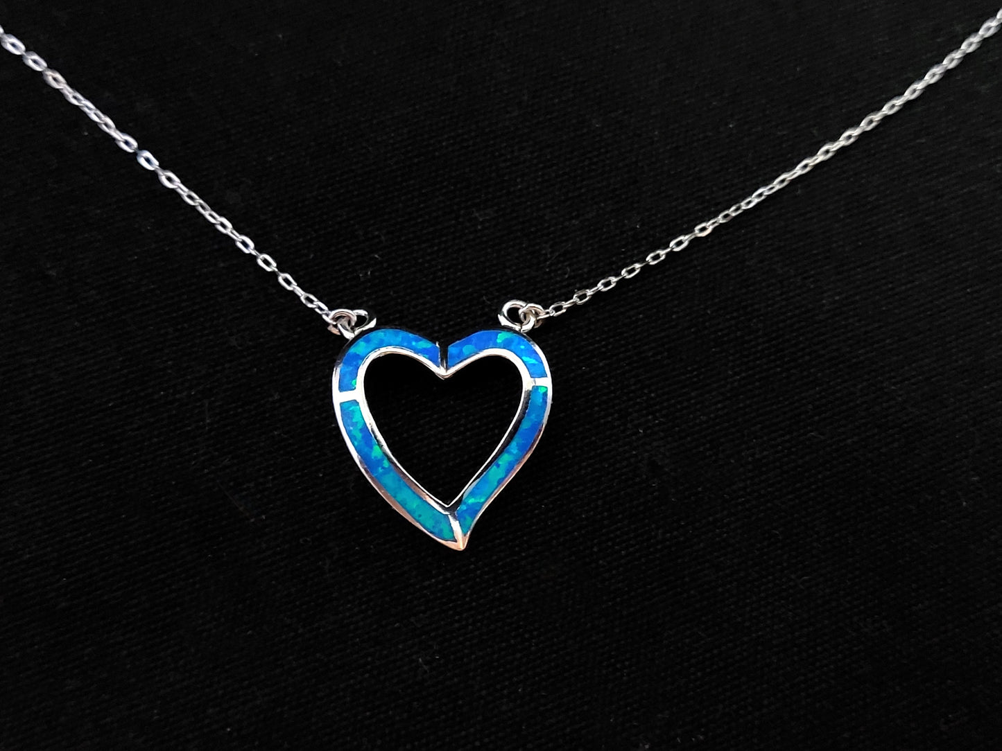 Sterling Silver 925 Fire Rainbow Blue Opal Heart Fine Necklace, Chain And Blue Opal Pendant, Blau Opal Herz Anhanger, Bijoux Grecque, Heart
