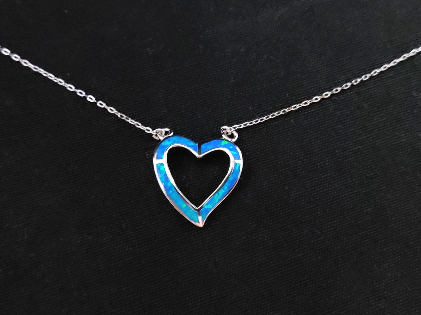 Sterling Silver 925 Fire Rainbow Blue Opal Heart Fine Necklace, Chain And Blue Opal Pendant, Blau Opal Herz Anhanger, Bijoux Grecque, Heart