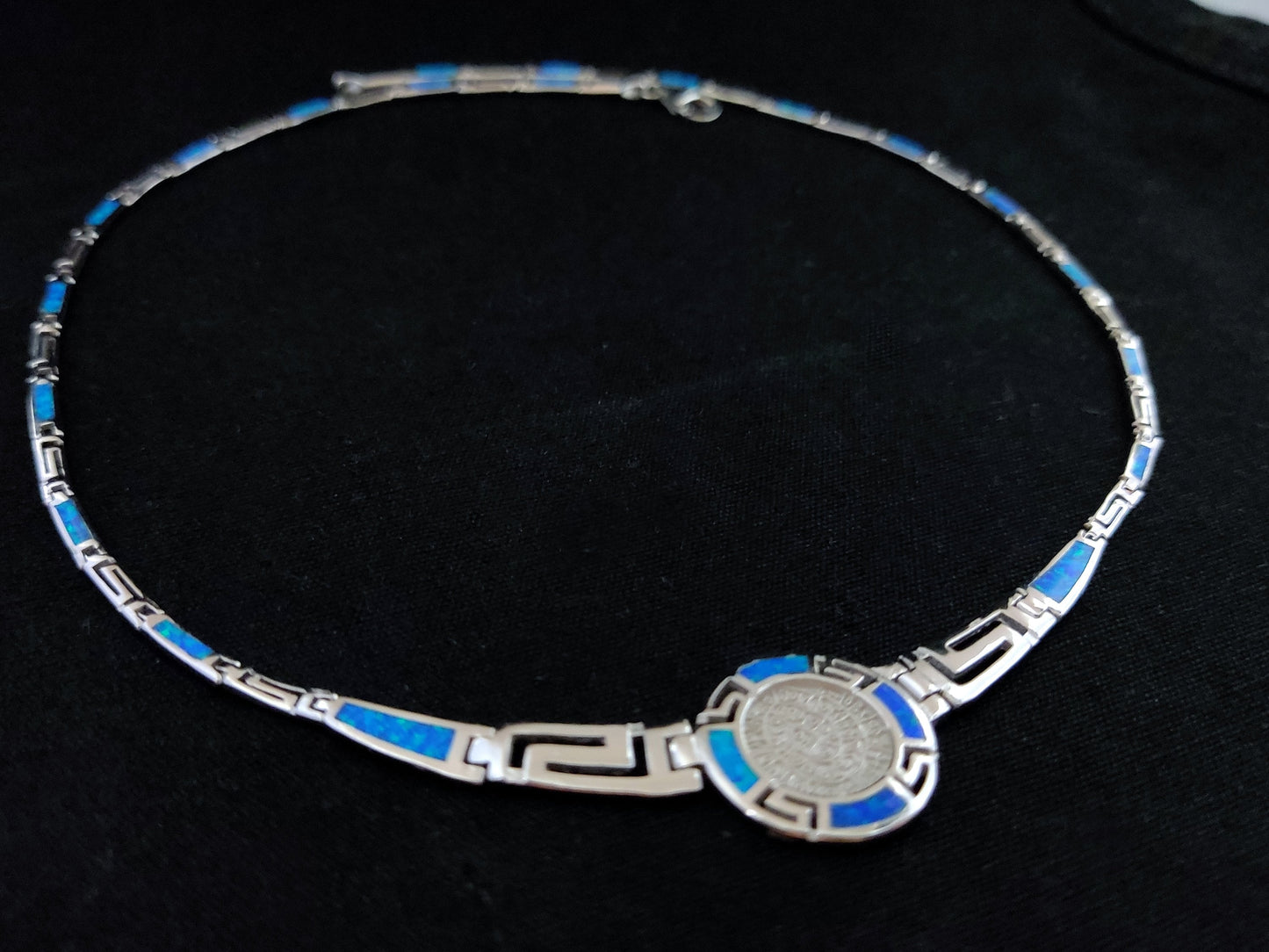 Sterling Silver 925 Fire Rainbow Blue Opal Ancient Greek Meander & Phaistos Disc Gradual Opal Necklace ,Griechischer Opal Silber Kette