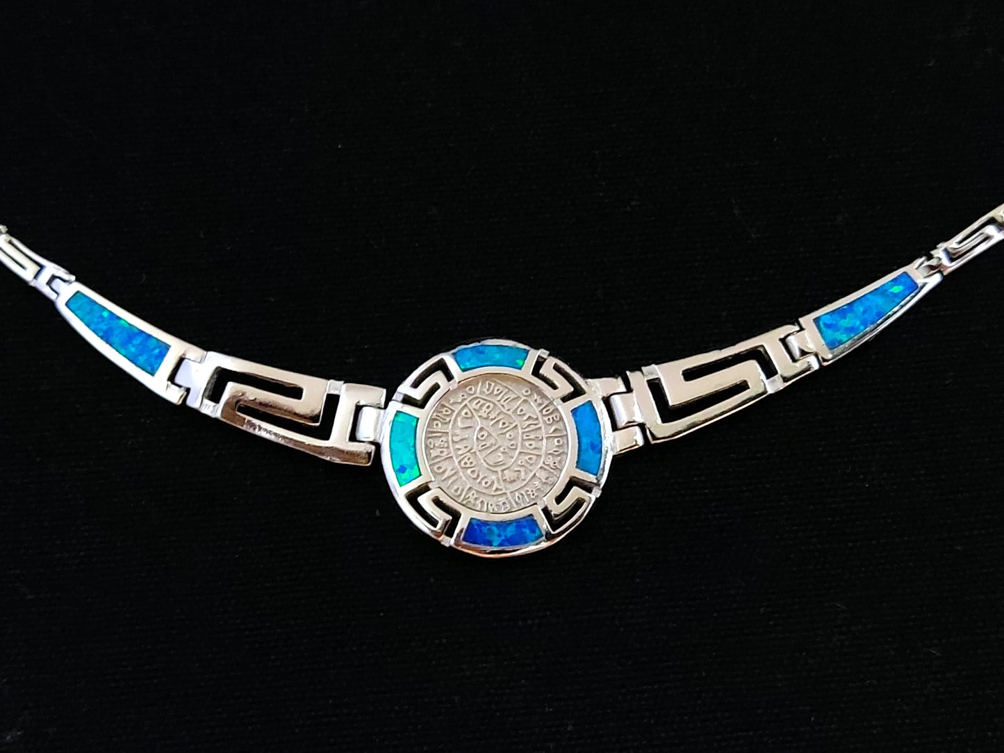 Sterling Silver 925 Fire Rainbow Blue Opal Ancient Greek Meander & Phaistos Disc Gradual Opal Necklace ,Griechischer Opal Silber Kette