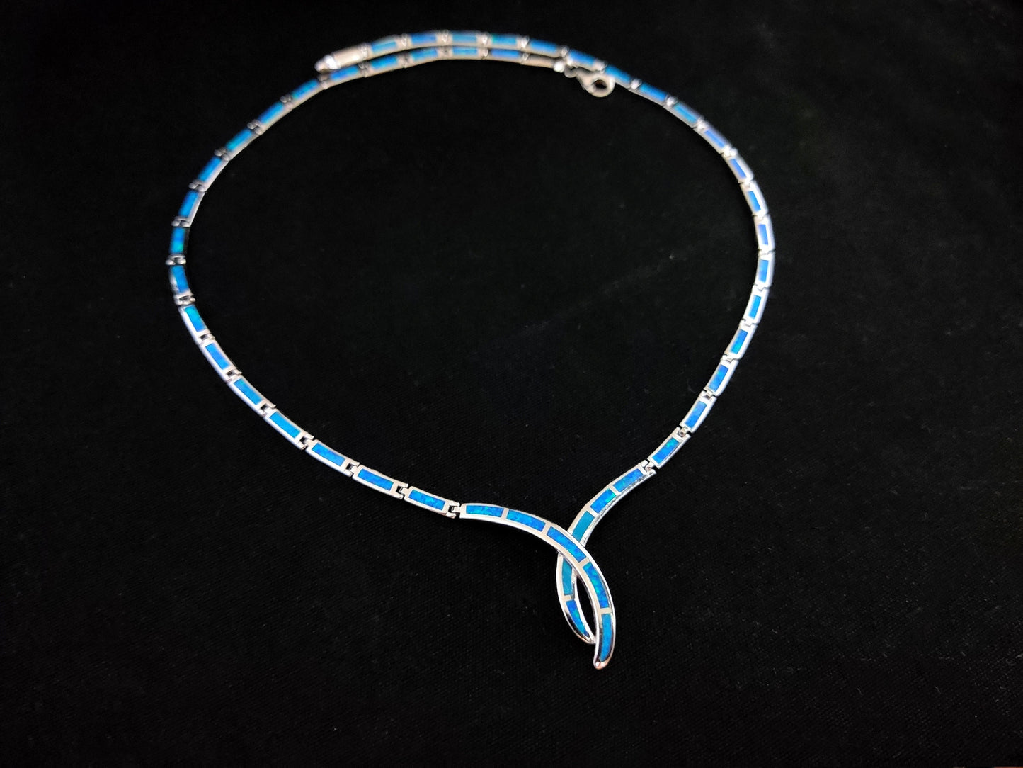 Sterling Silver 925 Fire Rainbow Blue Opal Modern Design Tie Necklace ,Griechischer Opal Silber Kette, Bijoux Grecque, Greek Jewelry