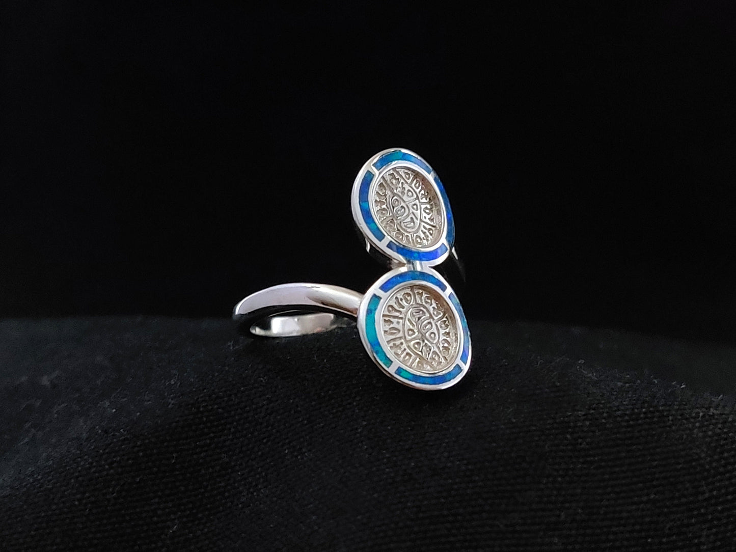 Sterling Silver 925 Double Phaistos Disc Fire Rainbow Blue Opal Ring US8 , Greek Opal Jewelry, Griechisches Opal Silber Ring,Bague Grecque