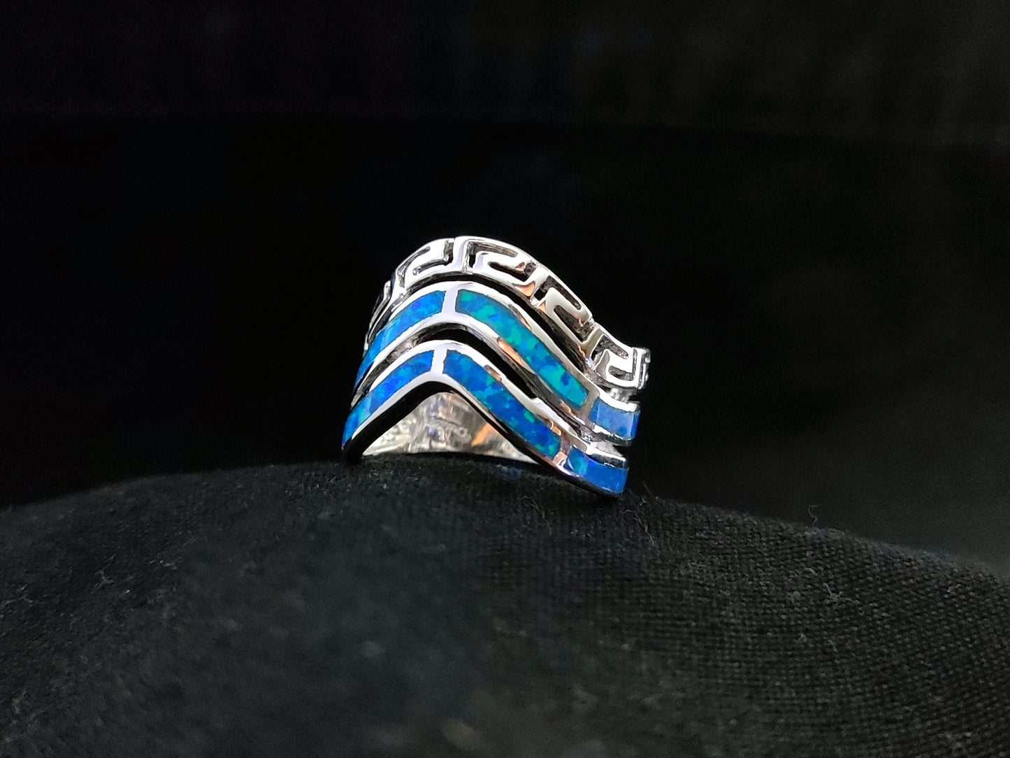 Sterling Silver 925 Triple Row Wave Greek Key & Blue Opal Ring US 6 1/2 , Greek Opal Jewelry, Griechisches Opal Silber Ring,Bague Grecque