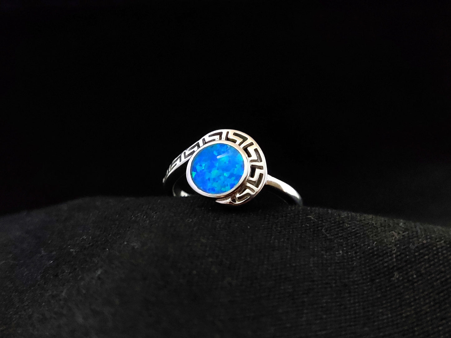 Sterling Silver 925 Modern Greek Key & Blue Opal Ring US 7 3/4 , Greek Opal Jewelry, Griechisches Opal Silber Ring,Bague Grecque