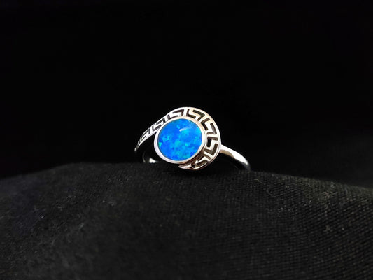 Sterling Silver 925 Modern Greek Key & Blue Opal Ring US 7 3/4 , Greek Opal Jewelry, Griechisches Opal Silber Ring,Bague Grecque