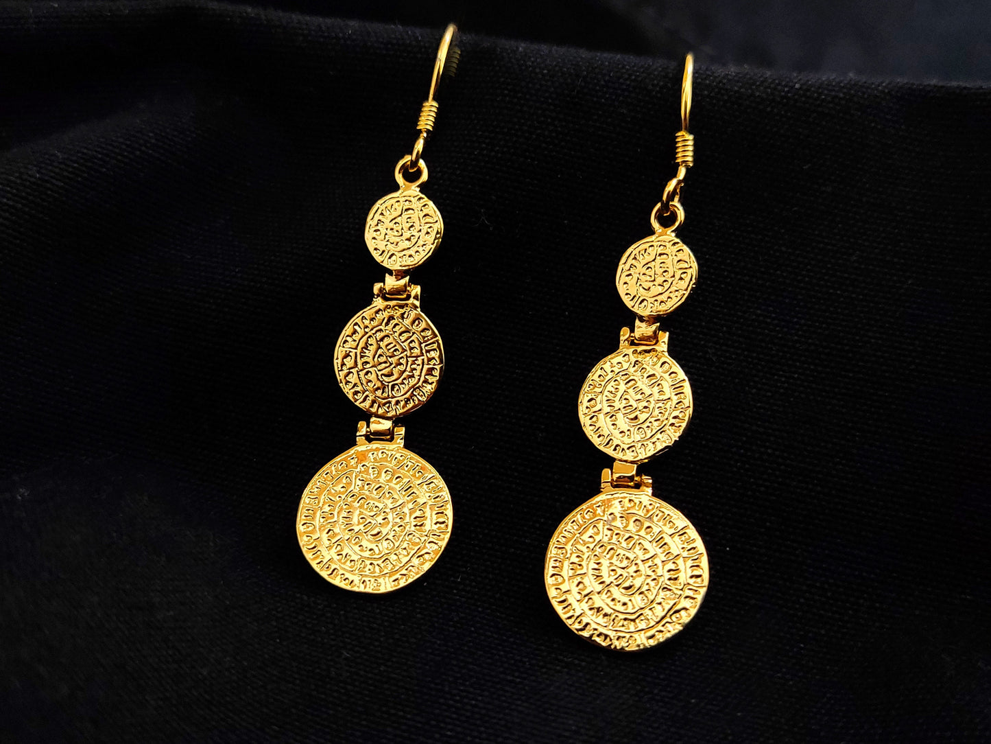 Phaistos Disc Gold Plated Silver Dangle Earrings