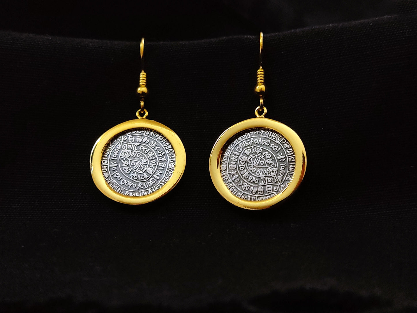 Sterling Silver 925 Phaistos Disc Greek Minoan 2Tone Dangle Gold Plated Earrings 21mm, Griechischer Silber Ohrringe, Bijoux Grecque Grece