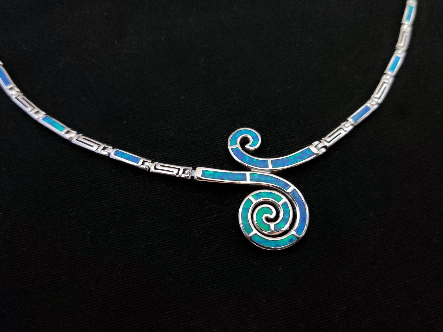 Sterling Silver 925 Fire Rainbow Blue Opal Greek Double Spiral Wave Necklace ,Griechischer Opal Silber Kette, Bijoux Grecque, Greek Jewelry