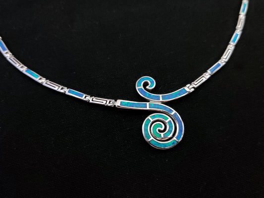 Sterling Silver 925 Fire Rainbow Blue Opal Greek Double Spiral Wave Necklace, Griechischer Opal Silber Kette, Bijoux Grecque, Bijoux grecs