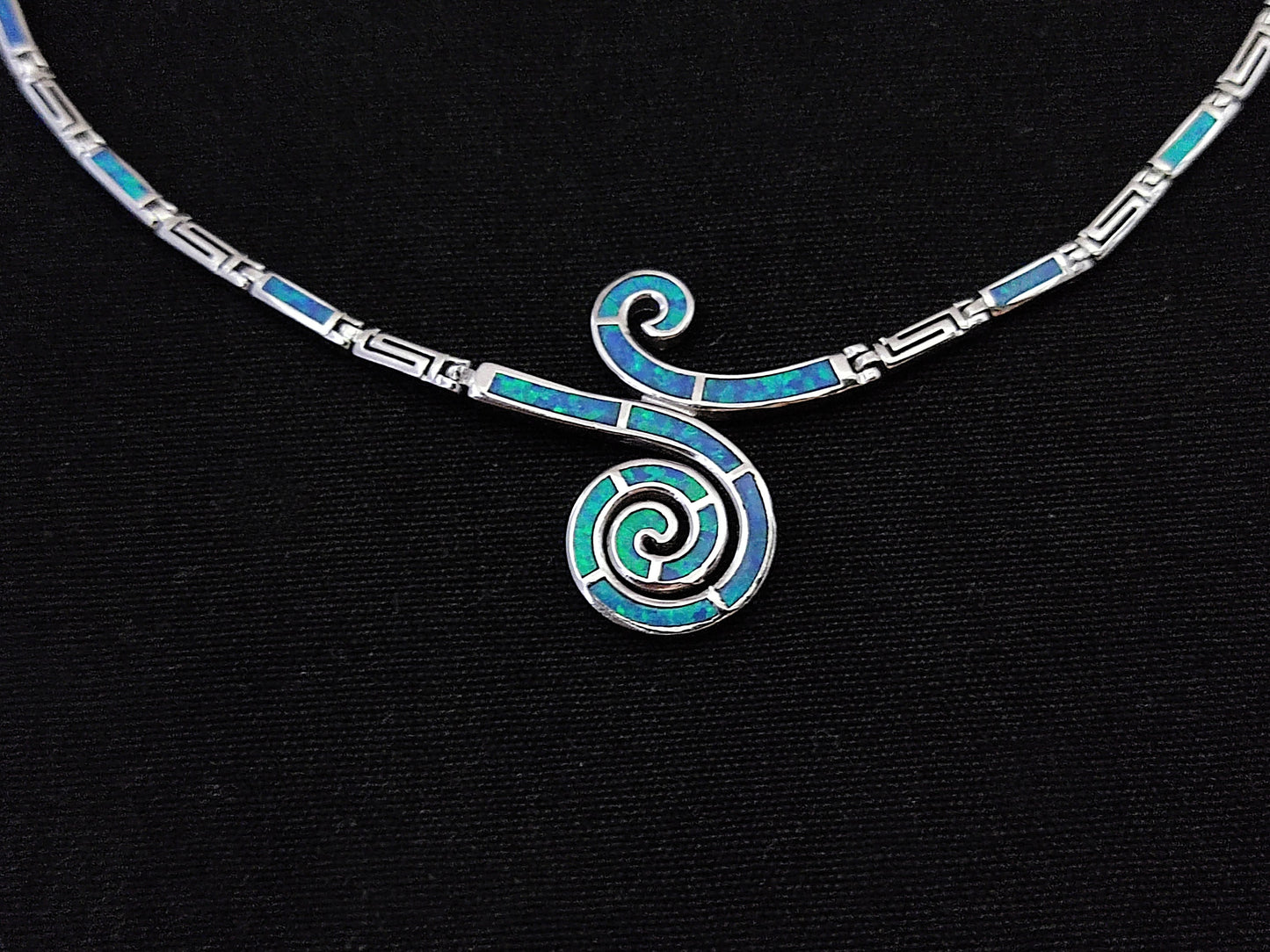 Sterling Silver 925 Fire Rainbow Blue Opal Greek Double Spiral Wave Necklace ,Griechischer Opal Silber Kette, Bijoux Grecque, Greek Jewelry