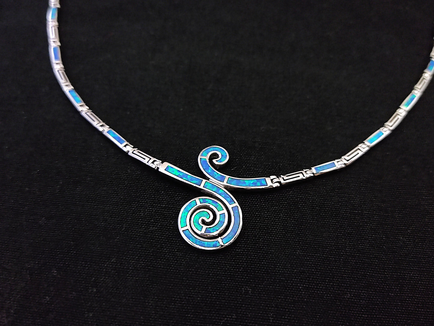 Sterling Silver 925 Fire Rainbow Blue Opal Greek Double Spiral Wave Necklace ,Griechischer Opal Silber Kette, Bijoux Grecque, Greek Jewelry