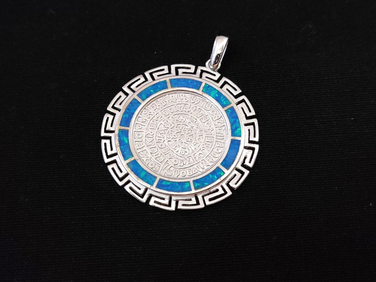 Sterling Silver 925 Blue Opal Phaistos Disc Meander Pendant 35mm , Greek Opal Pendant, Greek Jewelry, Griechischer Opal Anhanger, Grecque