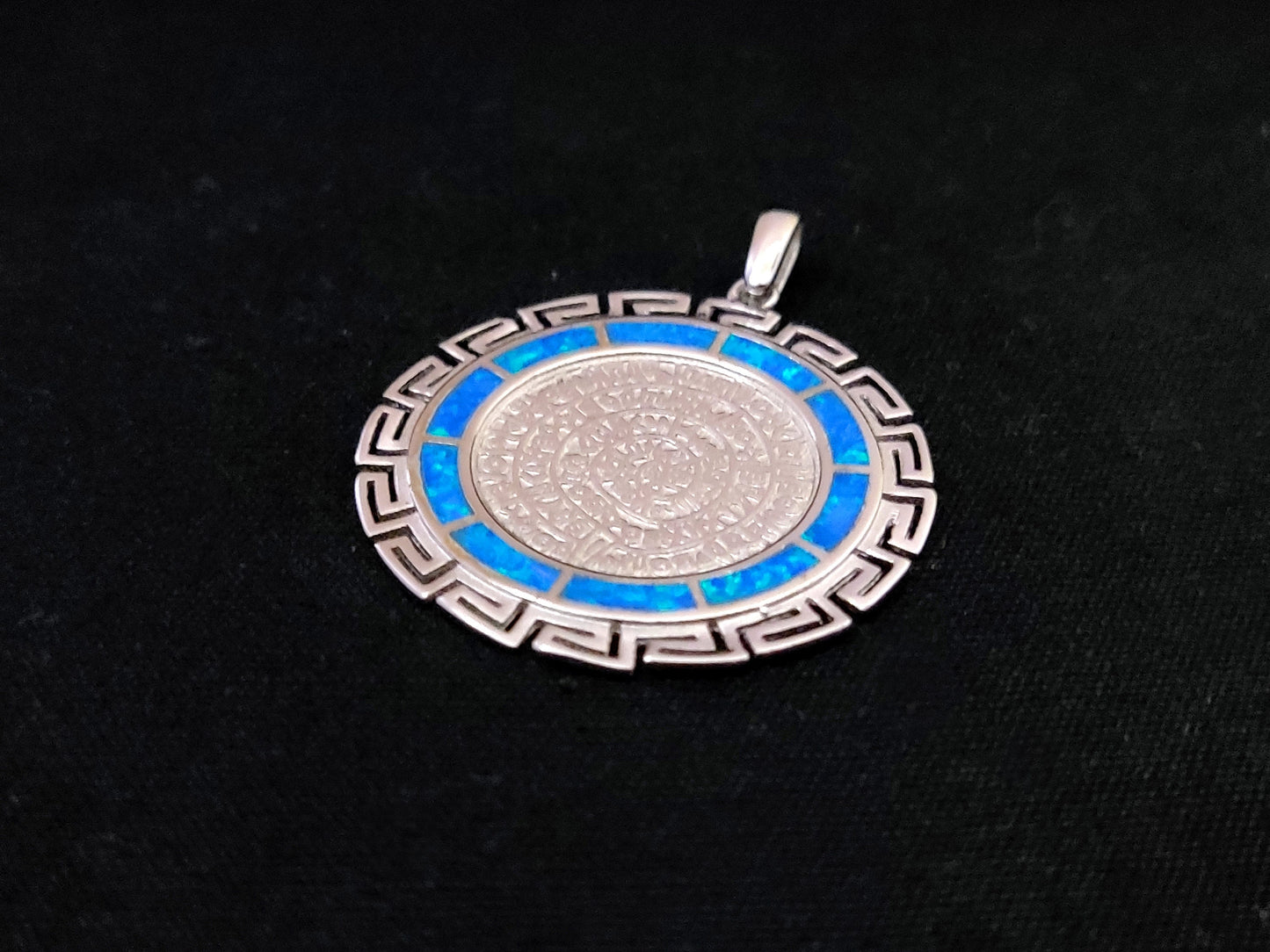 Sterling Silver 925 Blue Opal Phaistos Disc Meander Pendant 35mm , Greek Opal Pendant, Greek Jewelry, Griechischer Opal Anhanger, Grecque