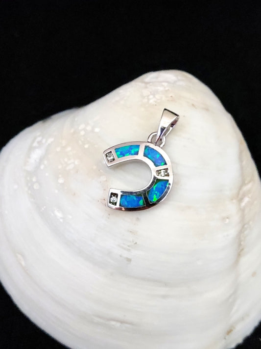 Sterling Silver 925 Blue Opal Greek Horseshoe Pendant 16mm , Greek Opal Lucky Pendant, Greek Jewelry, Griechischer Opal Anhanger, Grecque