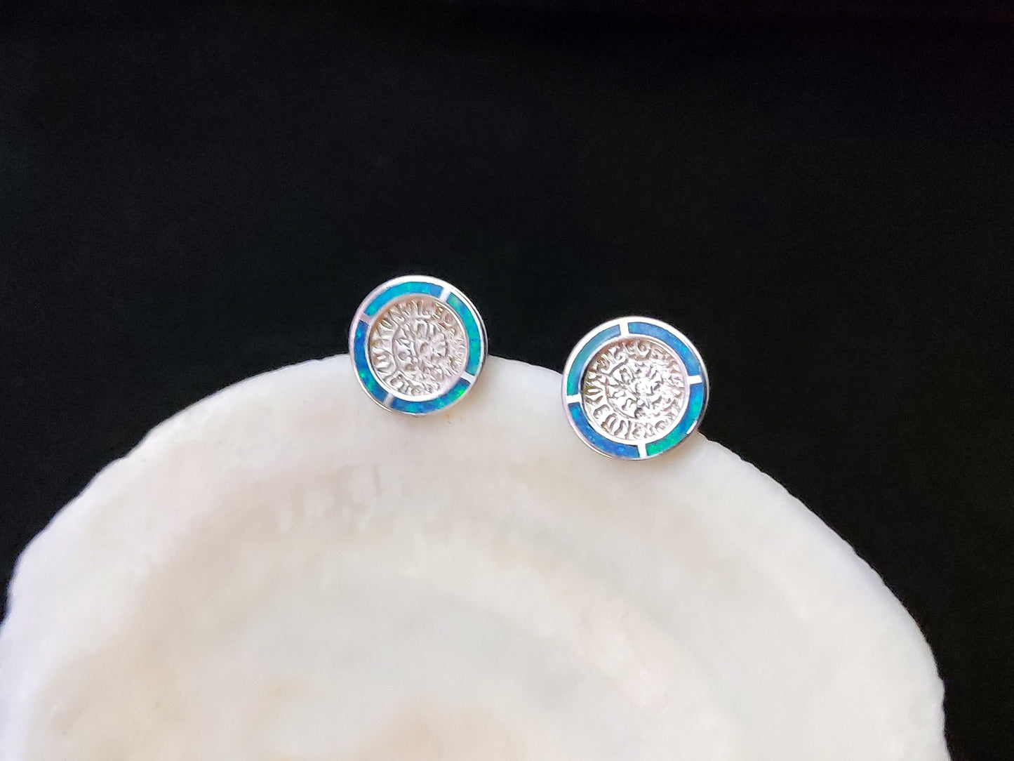 Phaistos Disc Opal Silver Earrings 11mm