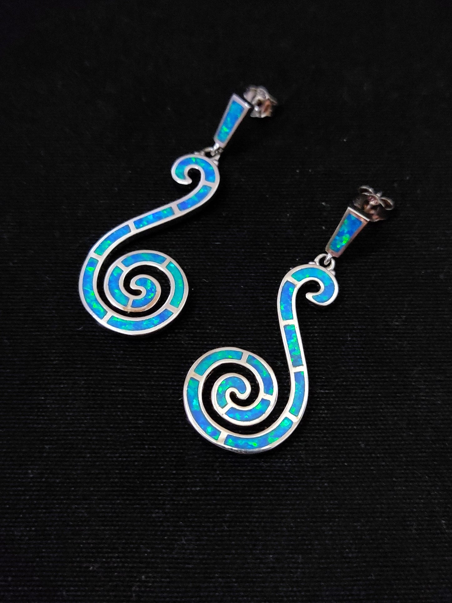 Sterling Silver 925 Greek Spiral Wave Blue Opal Dangle Stud Long Earrings, Griechischer Blau Opal Ohrringe, Bijoux Grecque, Greek Jewelry