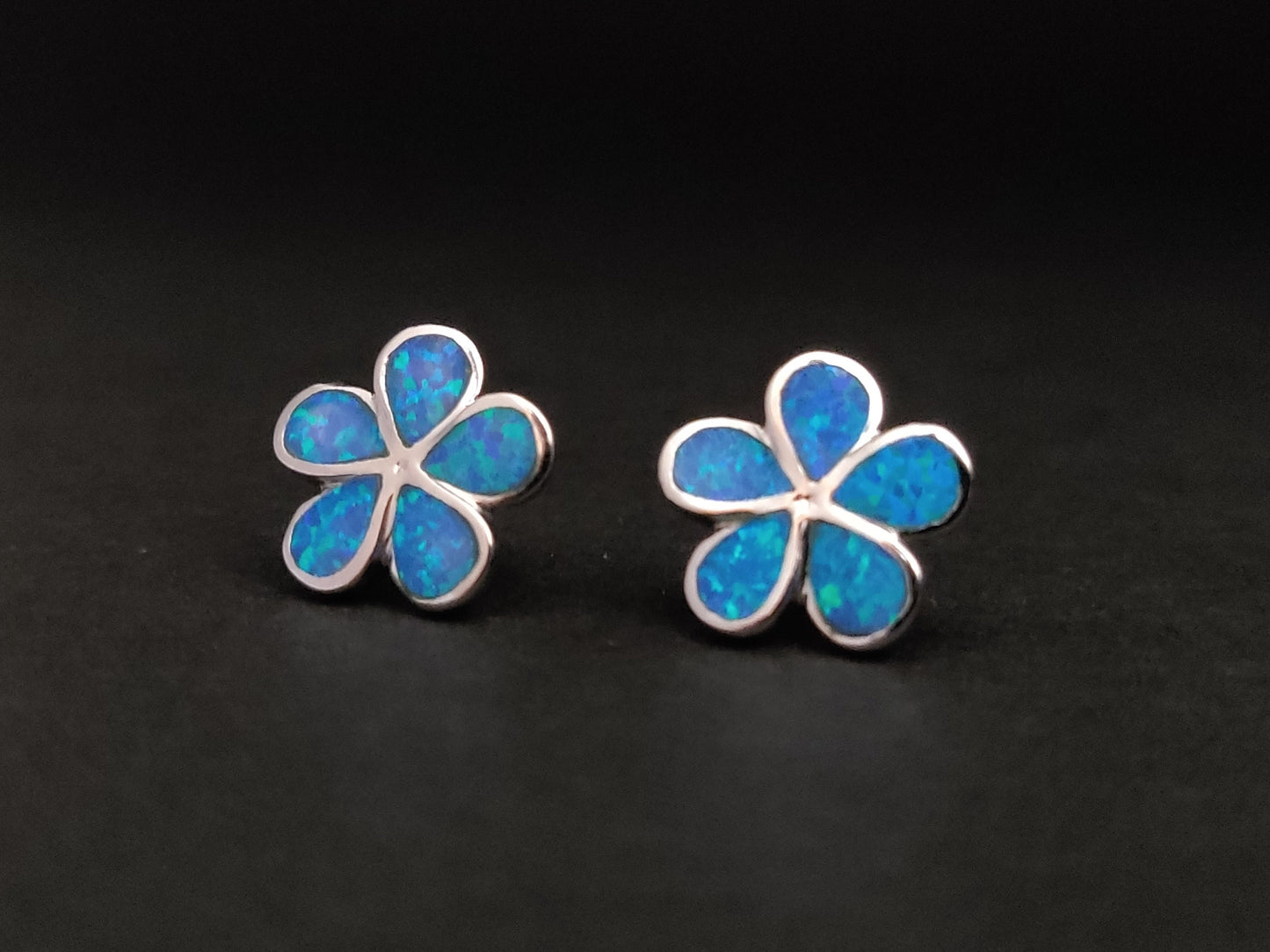Sterling Silver 925 Flower Fire Blue Opal Stud Modern Earrings 13mm, Opal Hearts Earrings, Greek Kids Women Jewelry, Griechische Ohrringe