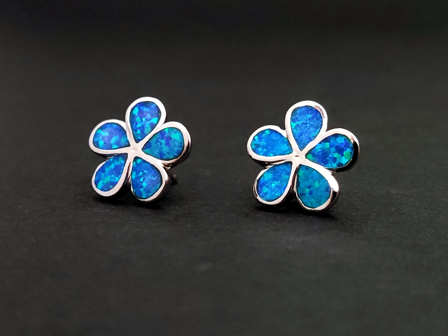 Sterling Silver 925 Flower Fire Blue Opal Stud Modern Earrings 13mm, Opal Hearts Earrings, Greek Kids Women Jewelry, Griechische Ohrringe