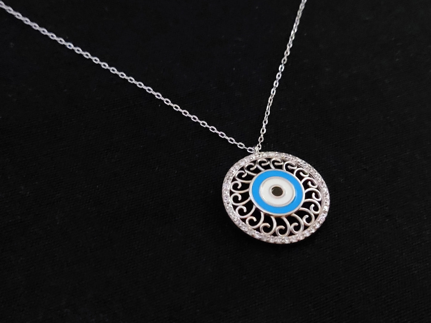 Sterling Silver 925 Greek Evil Eye Mati & Meander Chain Pendant 21mm Necklace, Turquoise Micropave Enamel Evil Eye Jewelry, Good Luck Mati