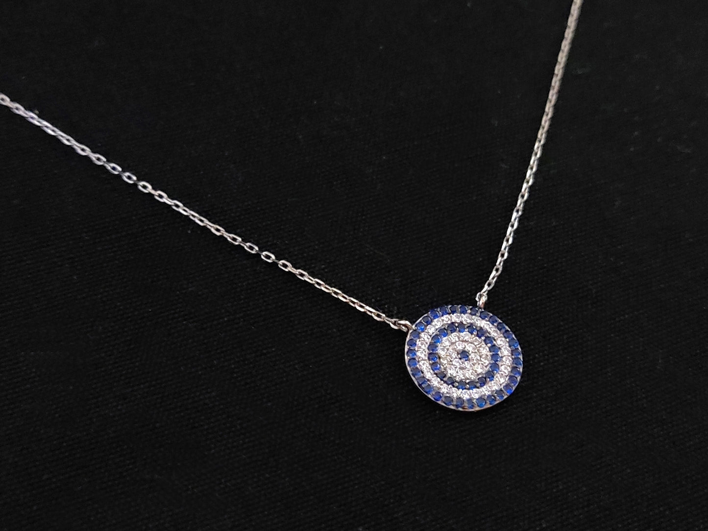 Sterling Silver 925 Greek Evil Eye Mati & Meander Chain Pendant 13mm Necklace, Crystal Stones Micropave Evil Eye Jewelry, Good Luck Mati