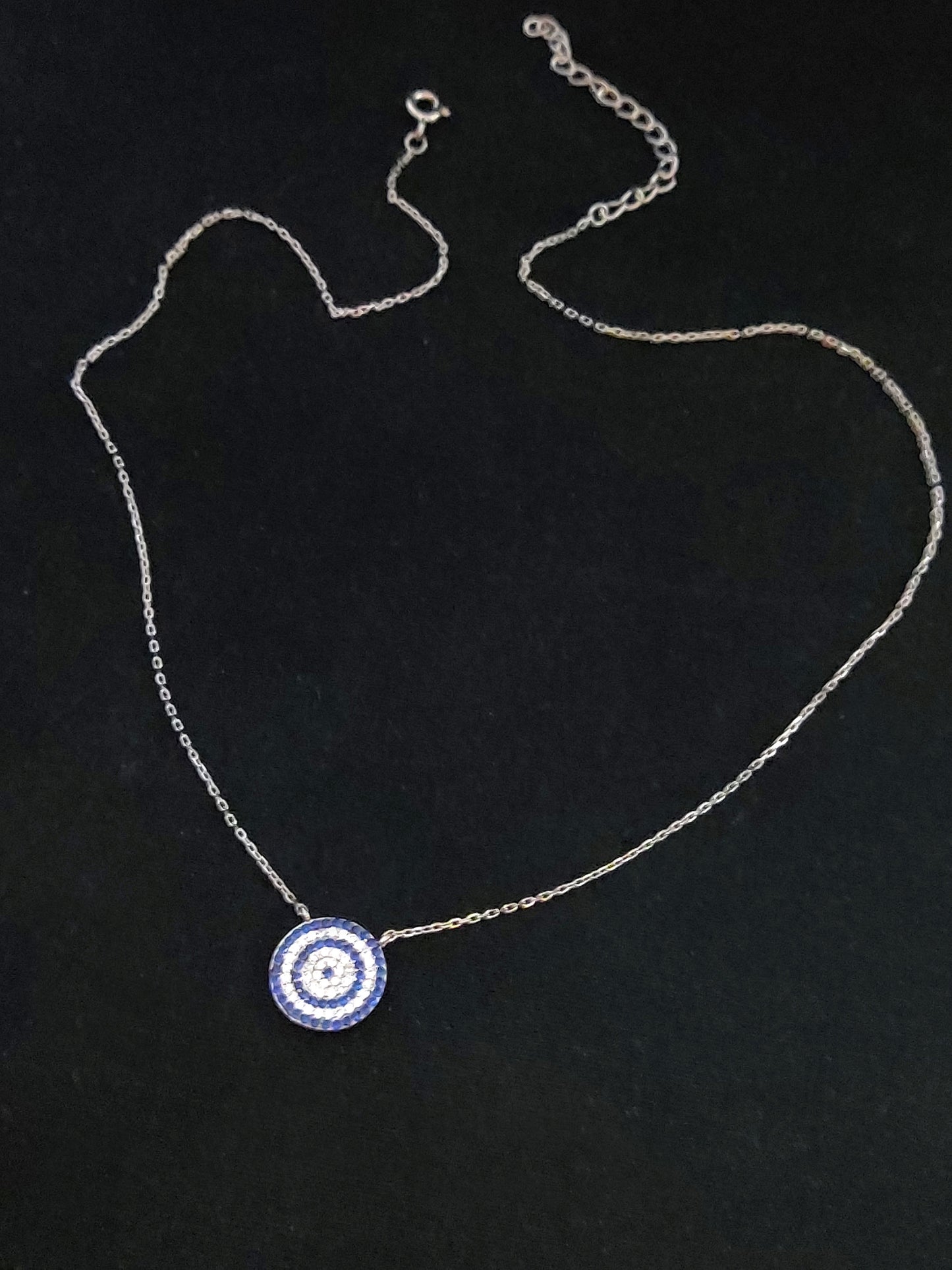 Sterling Silver 925 Greek Evil Eye Mati & Meander Chain Pendant 13mm Necklace, Crystal Stones Micropave Evil Eye Jewelry, Good Luck Mati