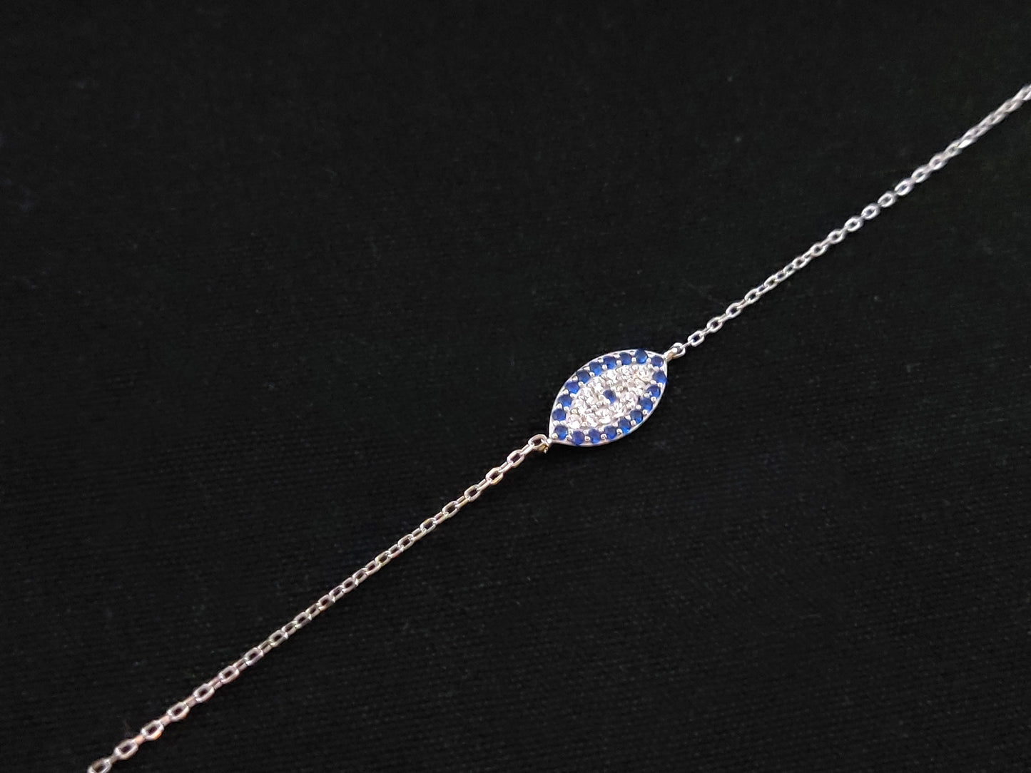 Sterling Silver 925 Greek Evil Eye Mati 11x6mm Adjustable Bracelet , Crystal Blue Evil Eye, Modern Evil Eye Bracelet, Fine evil eye bracelet