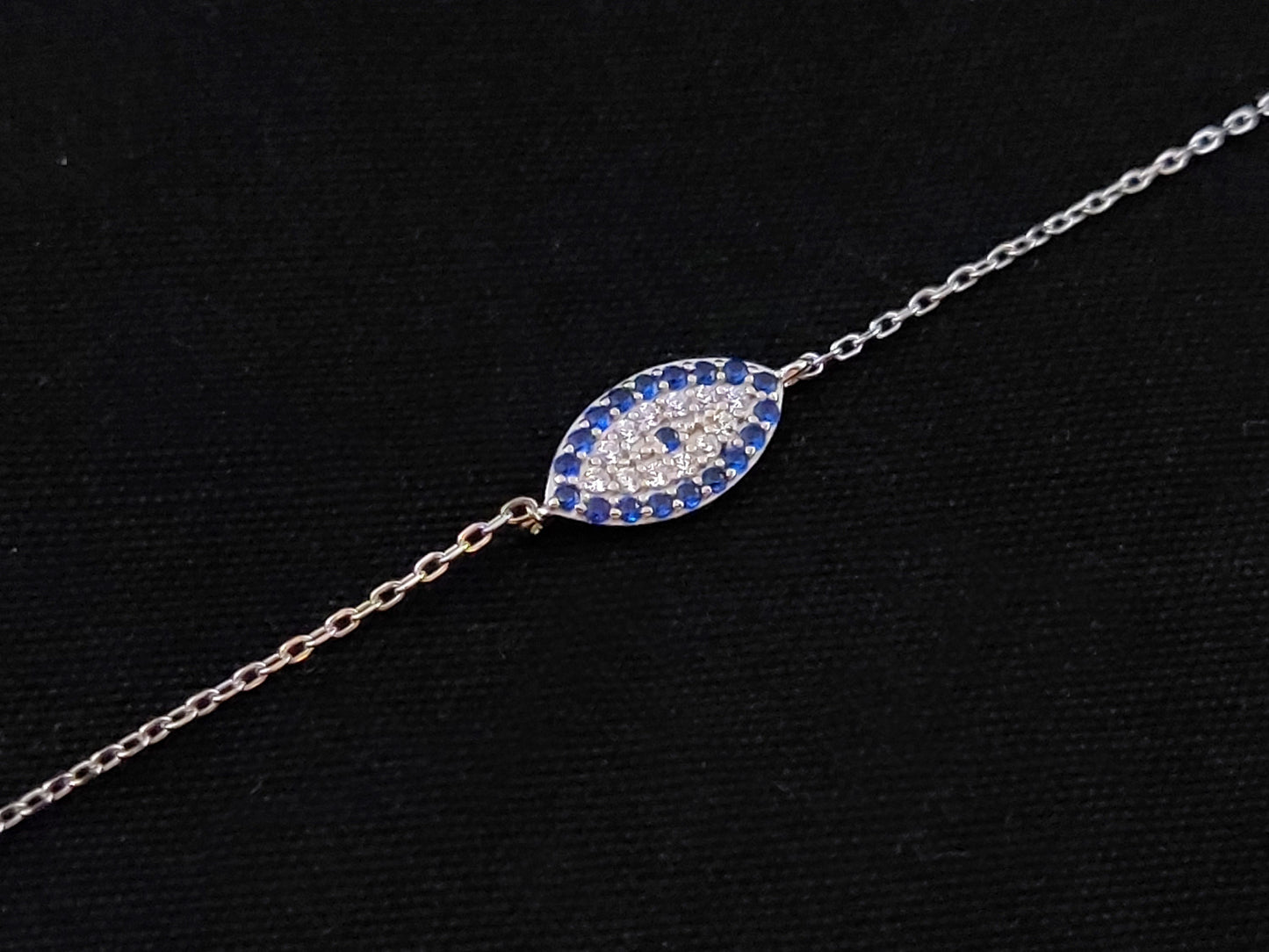 Sterling Silver 925 Greek Evil Eye Mati 11x6mm Adjustable Bracelet , Crystal Blue Evil Eye, Modern Evil Eye Bracelet, Fine evil eye bracelet