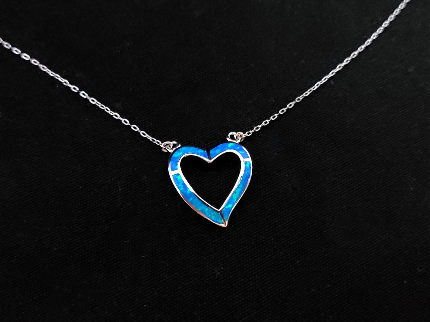 Sterling Silver 925 Fire Rainbow Blue Opal Heart Fine Necklace, Chain And Blue Opal Pendant, Blau Opal Herz Anhanger, Bijoux Grecque, Heart