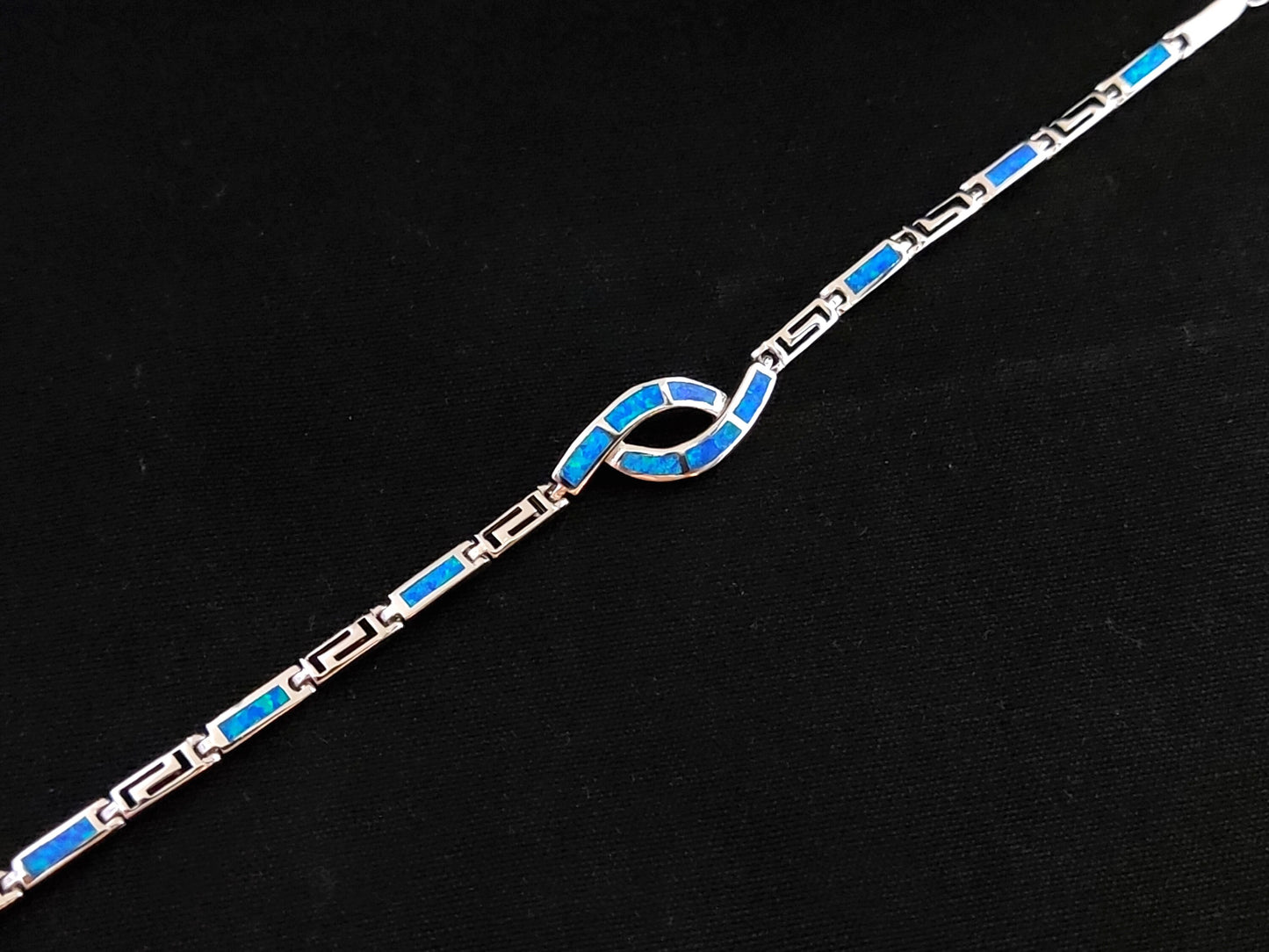 Greek Key Blue Opal Knot Silver Bracelet