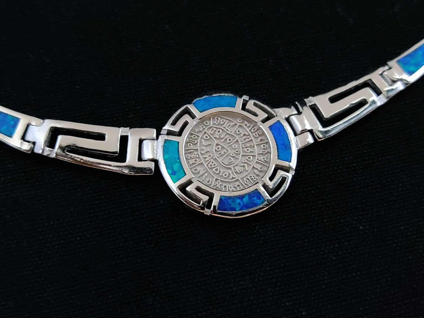 Sterling Silver 925 Fire Rainbow Blue Opal Ancient Greek Meander & Phaistos Disc Gradual Opal Necklace ,Griechischer Opal Silber Kette
