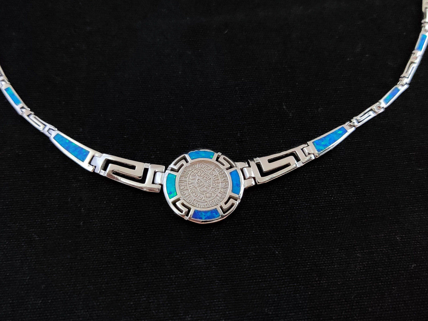 Sterling Silver 925 Fire Rainbow Blue Opal Ancient Greek Meander & Phaistos Disc Gradual Opal Necklace ,Griechischer Opal Silber Kette