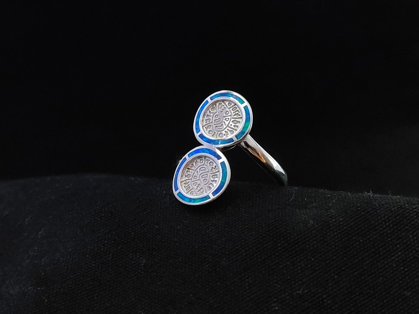 Sterling Silver 925 Double Phaistos Disc Fire Rainbow Blue Opal Ring US8 , Greek Opal Jewelry, Griechisches Opal Silber Ring,Bague Grecque