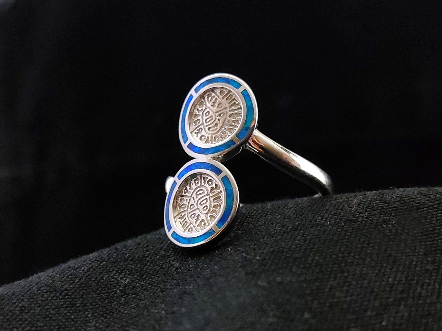 Sterling Silver 925 Double Phaistos Disc Fire Rainbow Blue Opal Ring US8 , Greek Opal Jewelry, Griechisches Opal Silber Ring,Bague Grecque