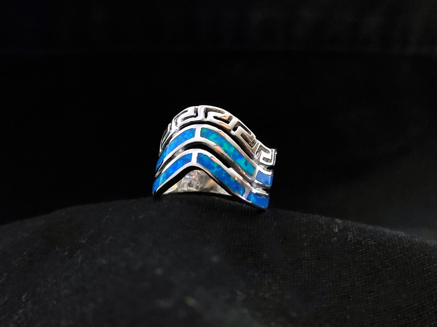 Sterling Silver 925 Triple Row Wave Greek Key & Blue Opal Ring US 6 1/2 , Greek Opal Jewelry, Griechisches Opal Silber Ring,Bague Grecque