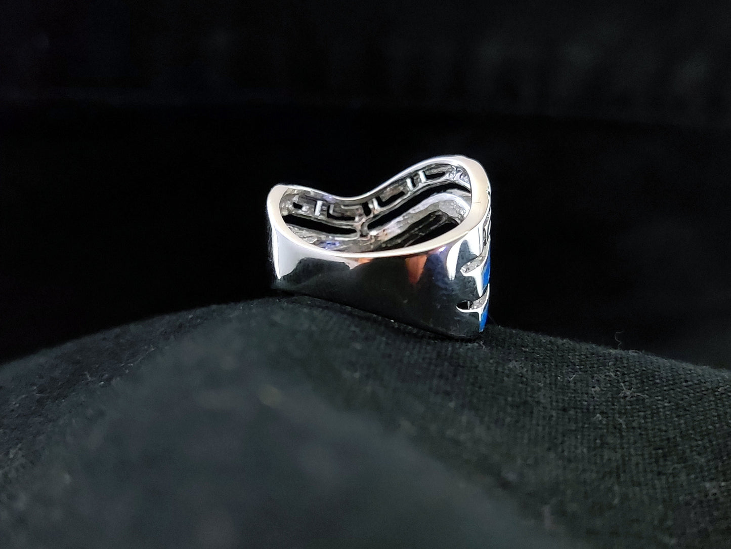 Sterling Silver 925 Triple Row Wave Greek Key & Blue Opal Ring US 6 1/2 , Greek Opal Jewelry, Griechisches Opal Silber Ring,Bague Grecque
