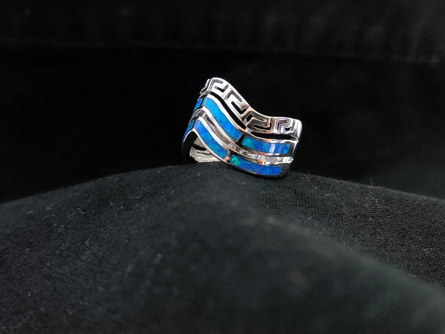 Sterling Silver 925 Triple Row Wave Greek Key & Blue Opal Ring US 6 1/2 , Greek Opal Jewelry, Griechisches Opal Silber Ring,Bague Grecque
